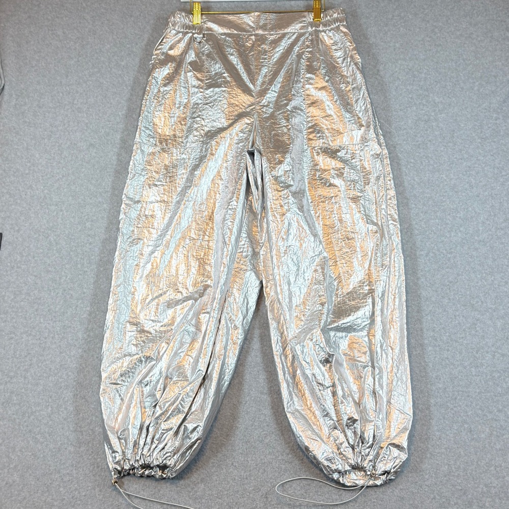 Zara Pants Womens XL Silver Metallic Parachute Joggers Cyber Y2K Space Rave